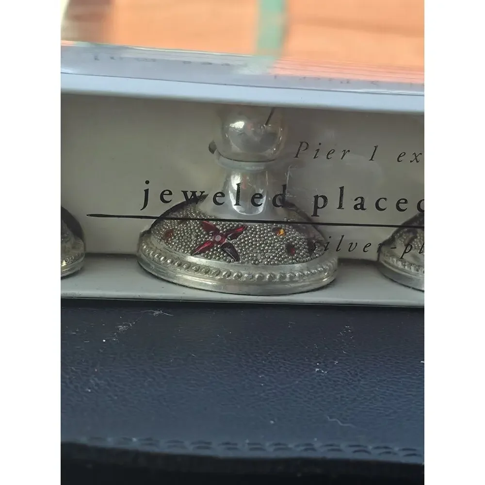 4 Pier One Jeweled Placecard holders. Silver plated Jeweled